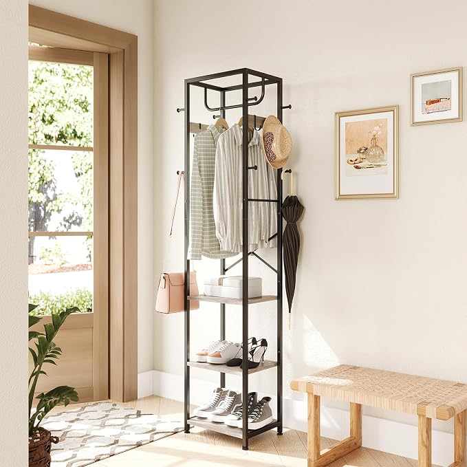 Coat Rack Freestanding, Hall Tree with 3 Shelves and 12 Hooks, Greige | Industrial Metal Frame, Space-Saving Design, Clothes Rack Stand Organizer for Bedroom, Hallway, Entryway, Office, Living Room