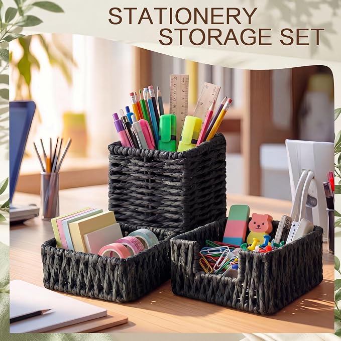 Black Paper Rope Woven Desk Organizer Set of 3 Natural Desktop Accessories Pencil Pen Cup Paper Clip Storage and Sticky Note Holder for Women Men Farmhouse Office Home Desktop Table Decor