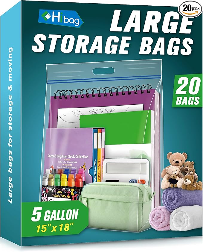 HIBAG 5 Gallon Large Storage Bags, 15” x 18” Resealable Clear Bags with Handle, Extra Large XL Heavy Duty for Clothes Pillow Travel Moving, Pack of 20