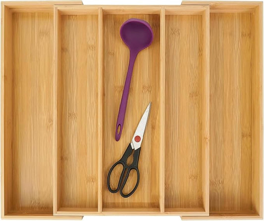 Utoplike Bamboo Expandable Kitchen Drawer Organizer Silverware Utensil Tray | Cutlery Holder, Drawers Divider for Large Utensils, Flatware, Knives, Spatulas in Kitchen, Office, Adjustable 3-5 Slots