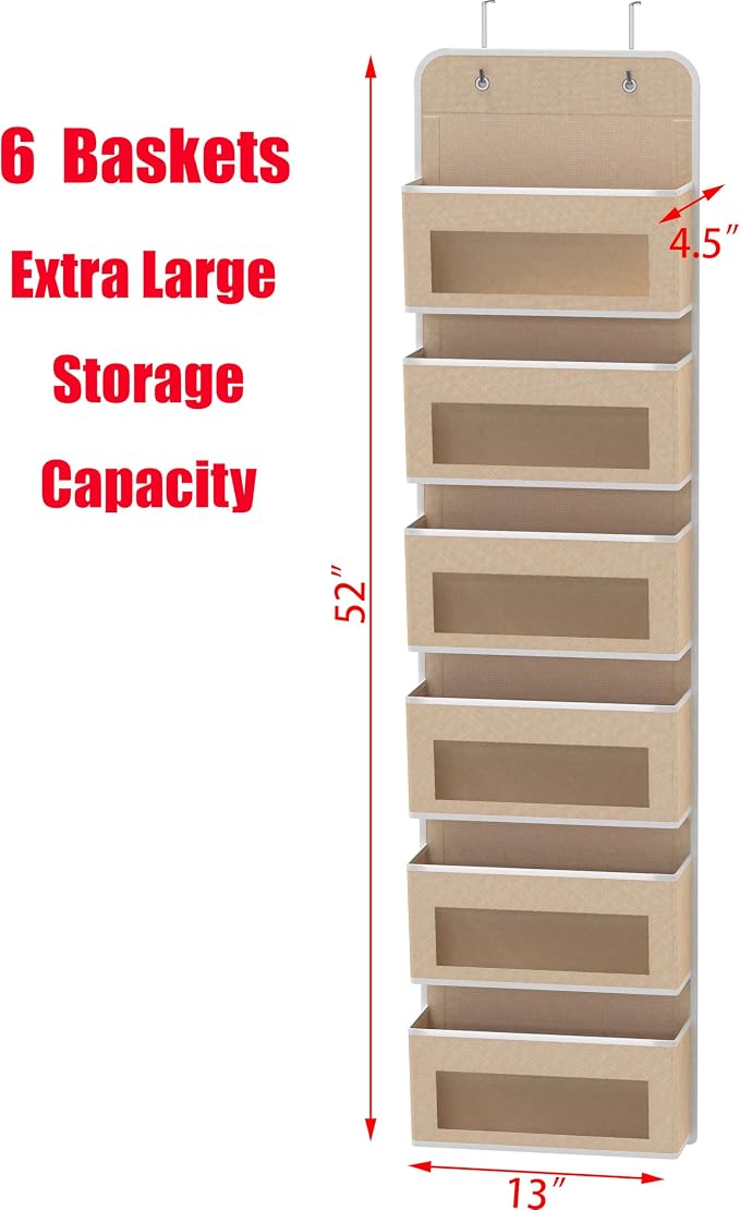 Simple Houseware 6 Clear Window Pocket Over Door Hanging Organizer, Beige | Over the Door Storage for Closet, Bedroom, Bathroom, Pantry