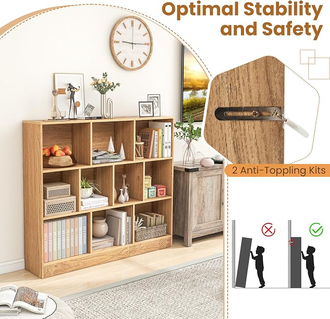 Giantex 10 Cube Bookcase, 4-Tier Freestanding Bookshelf w/ 10 Open Compartments, 2 Anti-Tipping Kits, Modern Display Cabinet, 41" Wood Cubby Storage Organizer for Living Room, Bedroom, Natural