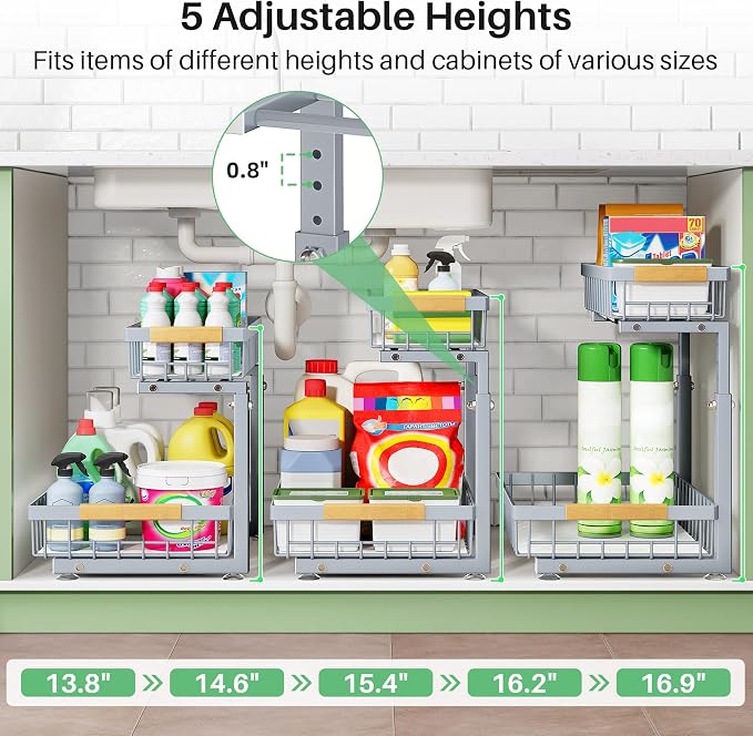 Kitstorack Under Sink Organizer, 2 Tier Under the Sink Storage, Slide out Pull out Cabinet Organizer Shelf, Metal Sliding Drawer for Kitchen Bathroom Pantry Closet Organization Rack, Grey, 1 Pack