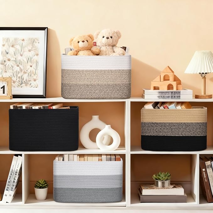 Baskets for Organizing,Storage Baskets,3 Pack Baskets for Shelfves,15"×10"×9" Woven Black Basket,toy storage bins,bins for organization