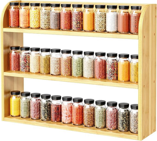 ROMGUAR CRAFT 3 Tier Long Bamboo Spice Rack, Countertop or Wall Mounting Wood Spice Jars Organizer Shelf for Kitche, Pantry (Natural)