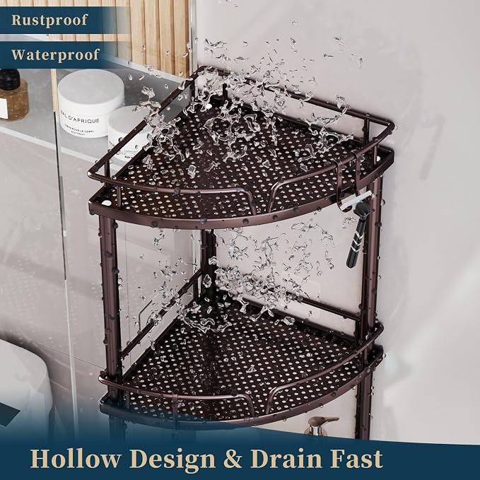 Consumest Corner Shower Caddy Stand - 3 Tier Shower Organizer with Soap Holder, Tall Floor Corner Shelves Standing with Adjustable Feet & 4 Hooks, Storage Rack for Bathroom, Bronze
