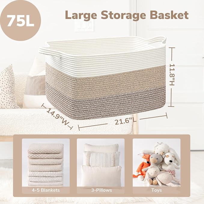 Goodpick Large Woven Storage Basket, Rectangle Storaget, Light Brown | 21.6 x 14.9 x 11.8 in, Cotton Rope, Living Room, Bedroom & Nursery Organization, Toys, Blankets & Clothes Storage