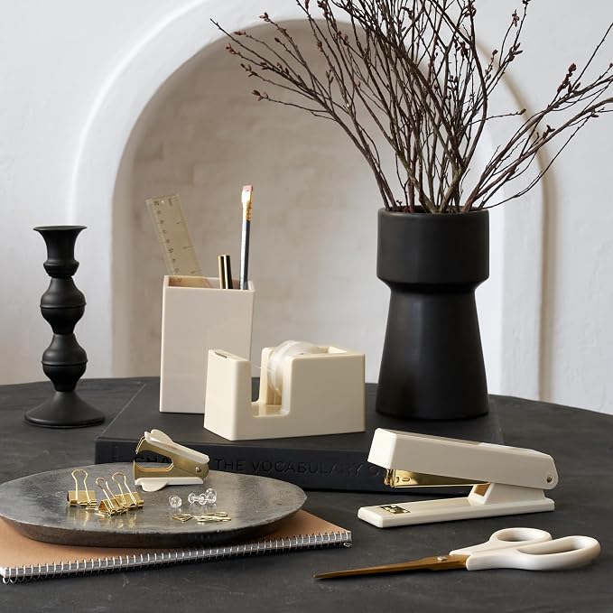 Aesthetic Desk Accessories Set - A Complete Desktop Organizer Set For Women Enhances Any Office Decor - An Office Supplies Kit w Gold Finish incl. Pen Holder, Scissors, Stapler, Tape Dispenser & More