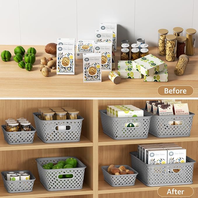 MaxGear 3 Pack Plastic Storage Baskets, Small, Grey | Durable Woven Plastic with Built-In Handles, Suitable for Shelves, Closets, Cabinets, Bathrooms and Offices