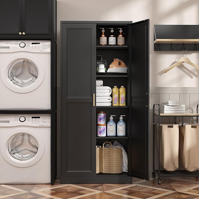 SteeLoong Kitchen Pantry Cabinet,71”Black Metal Pantry Storage Cabinet with Doors and 4 Adjustable Shelves,Kitchen Cabinet with 2 Gold Handles,Tall Cabinet for Livingroom,Pantry, Bathroom