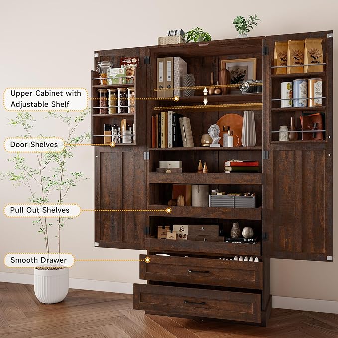 71" Tall Farmhouse Kitchen Pantry Cabinet with 3 Pull Out Shelves & 2 Large Drawers, Pantry Storage Cabinet with 6 Door Shelf & Adjustable Shelf, Freestanding Cupboard for Kitchen, Dining Room