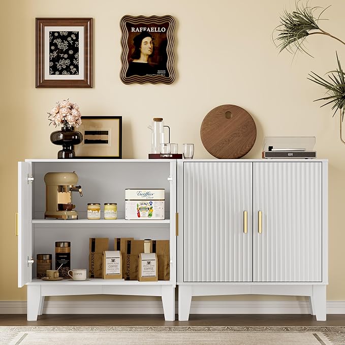 BORNOON Storage Cabinet with Doors and Adjustable Shelf, Modern Fluted Sideboard Buffet Cabinet, Freestanding Coffee Bar for Kitchen, Pantry, Entryway, Living Room (White)