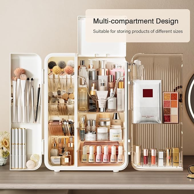 Makeup Organizer for Vanity, Large Capacity Skincare Organizers and Storage with Drawers, Dustproof Cosmetic Display Case for Bathroom Countertop, Trendy Teen Girl Gifts, White