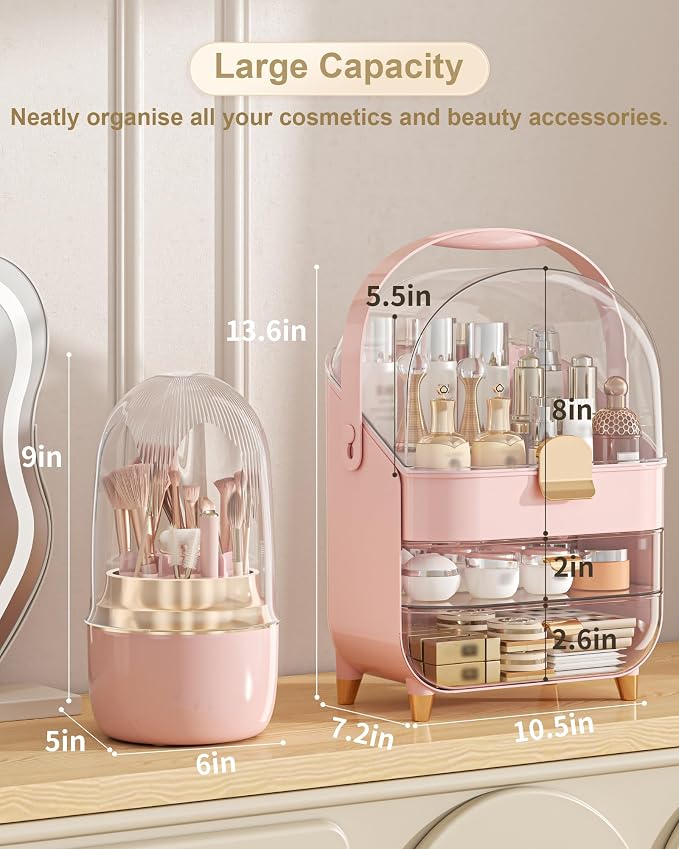 Makeup Organizer Countertop, Skincare Holder Bathroom Counter Organizer, Storage Box Cosmetic Display Cases, Teen Girl Gifts Make up Organizers (Pink/Brush)