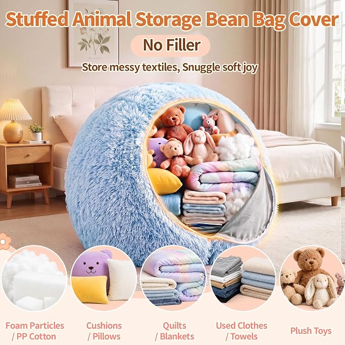 Stuffed Animal Storage Bean Bag Chair Cover, Soft Bean Bag Cover | Fluffy Faux Fur Stuffed Animal Storage Chair, Non-Slip Bottom, Fill with Plush Toys or Blankets, for Adults Teens Kids Girls