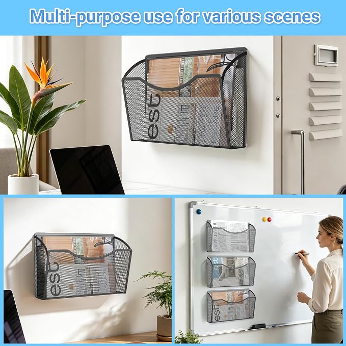 Gawerk Magnetic Wall File Folder, No Drilling Hanging Metal Document Paper Mail Organizer for Office Classroom Home (3)