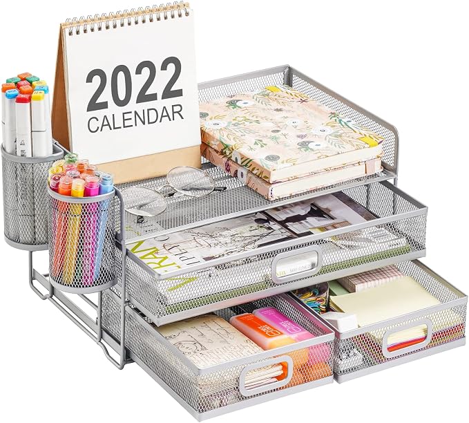 Marbrasse 3 Tier Desk Organizer with Drawer and 2 Pen Holder, Silver | Paper Tray Organizer, File Holder for Desk, Metal Mesh Office Organization for Home Office Supplies