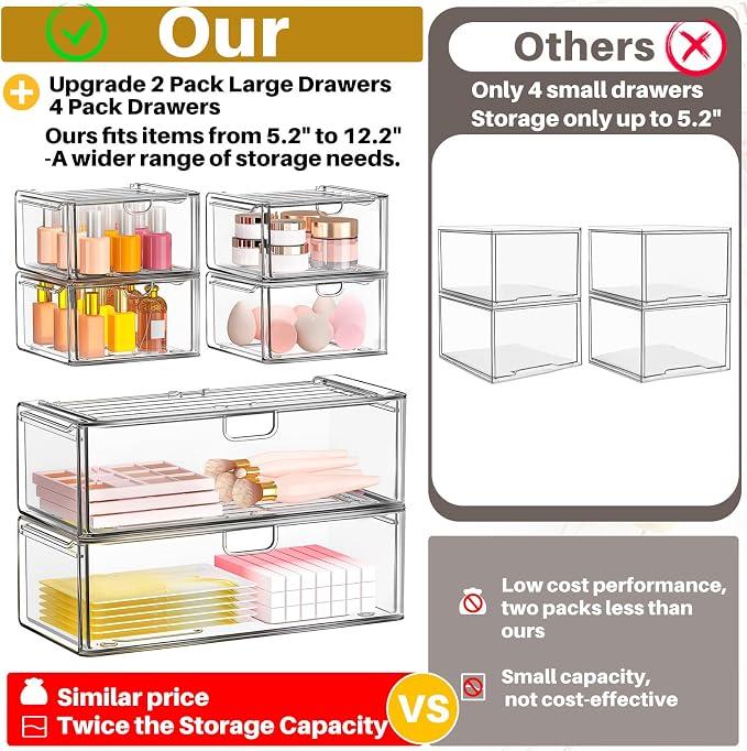 caktraie 6-Pack Acrylic Stackable Storage Drawers for Vanity, Desk, Bath | 2 large & wide 13" drawers, Smooth-glide, stackable, clear body, dustproof, wipe clean, for makeup, pantry jars, under sink