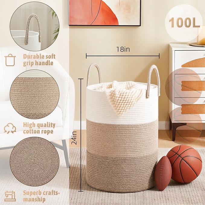 Artfeel Laundry Basket,Woven Cotton Rope Laundry Hamper,100L for Decorative Storage of Dirty Clothes,Toys and Blankets in Bathroom,Bedroom and Living Room