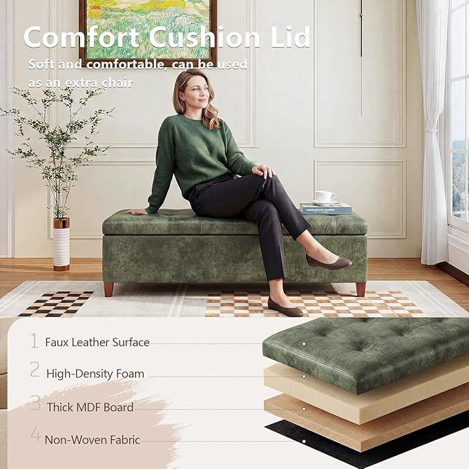 Joveco Storage Ottoman Bench, 51 Inch Tufted Leather Rectangle Bench for End Foot of Bed, Bedroom, Living Room, Deep Green