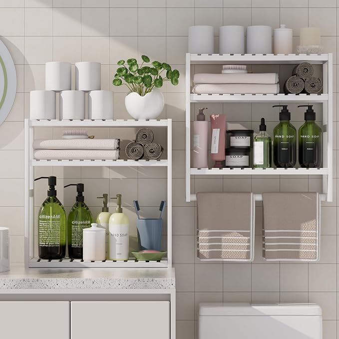 Towel Rack Bathroom Storage Shelves Over The Toilet with Towel Bar 100% Bamboo Adjustable Height Floating Shelf Wall Shower Shelf for Small Space Bathroom Kitchen Multi Usage White New 2Pack