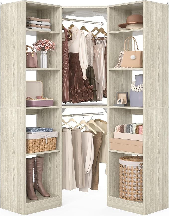 Besiost Corner Closet System with 12 Shelves, 39.2" Corner Organizer | L Shaped Closet with 2 Hanging Rods, Versatile 6-Tier Walk-in Closets for Corner Space, White Oak (39.2" L x 39.2" W x 80" H)