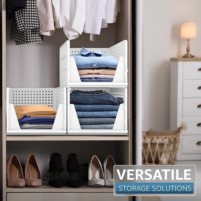 Sorbus 3 Pack Folding Closet Shelf Organizer for Clothes - Versatile Stackable Storage Baskets for Closet, Bathroom, Kitchen and Garage - Easy Access Open Front Design - Plastic Organizer Shelves