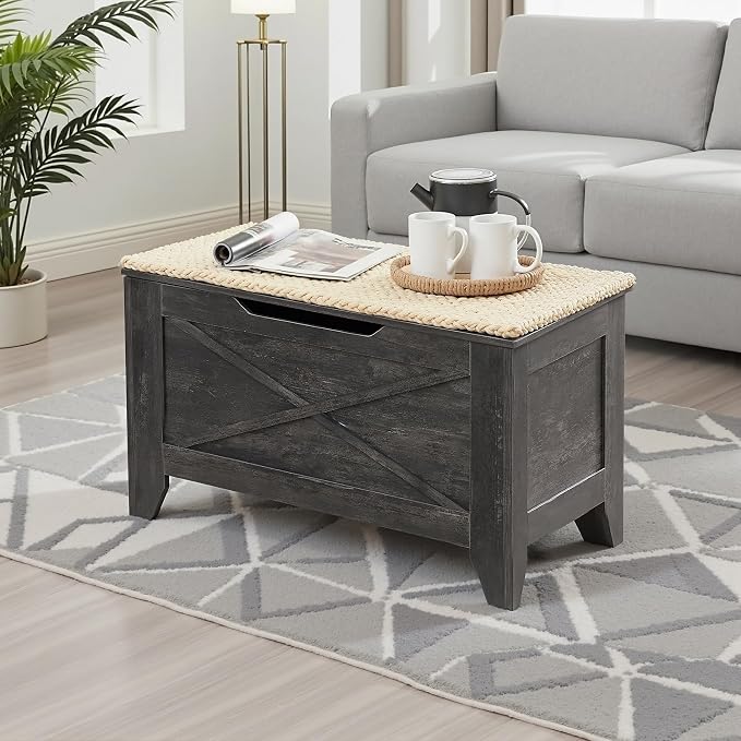 VECELO 30" Storage Bench, Entryway Shoe Ottoman, Farmhouse Style Bench with Handwoven Cushion and Metal Safety Hinges, for Bedroom, Living Room, Entryway, Gray
