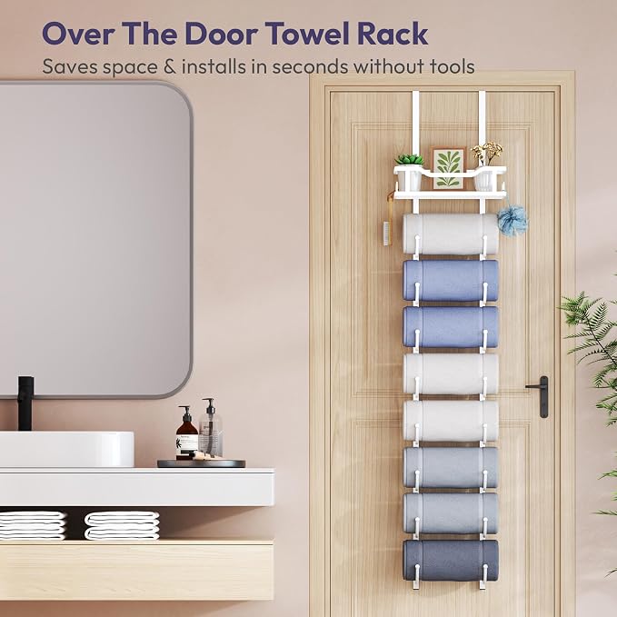 SWTYMIKI Over the Door Towel Rack - 9 Tier Towel Racks for Bathroom Wall Mounted, Towel Holder with Shelf, Hanging Rolled Towel Storage Organizer for Small Bathroom, Camper, RV, White
