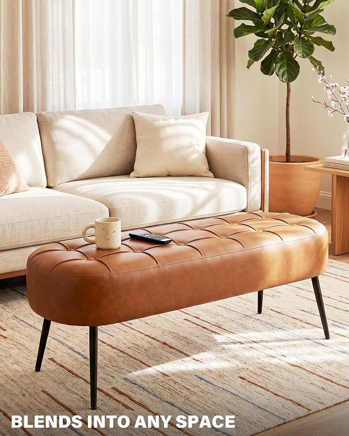 Entryway Bench, Modern PU Leather Upholstered End of Bed Bench Brown | Shoe Bench with Tufted Seat, 660 lb Capacity, Sturdy Metal Legs, Mid-Century Style, For Hallway, Living Room, Bedroom, Foyer