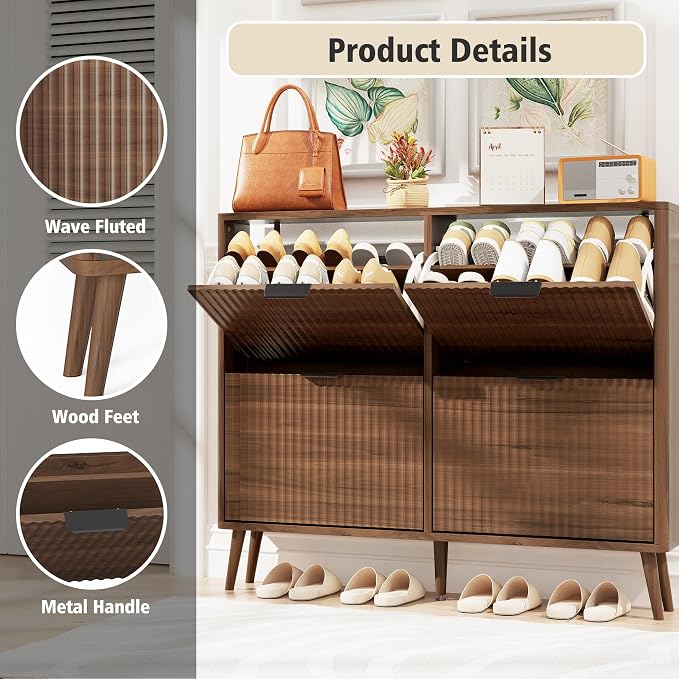 KIGOTY Narrow Shoe Storage Cabinet, Shoe Cabinet with 4 Flip Drawers, Freestanding Shoe Organizer with Legs for Entryway, Slim Shoe Rack Cabinet for Enterway (Walnut, 4 Flip Drawer)