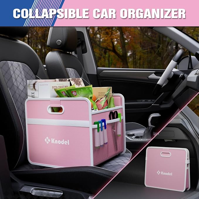 K KNODEL Foldable Trunk Storage Organizer for Car and Suv (Small, Pink) | Collapsible Car Storage Organizer, Car Organizers and Storage for Sedan, Cargo Organizer, Car Bin, Basket,Bag, Organization