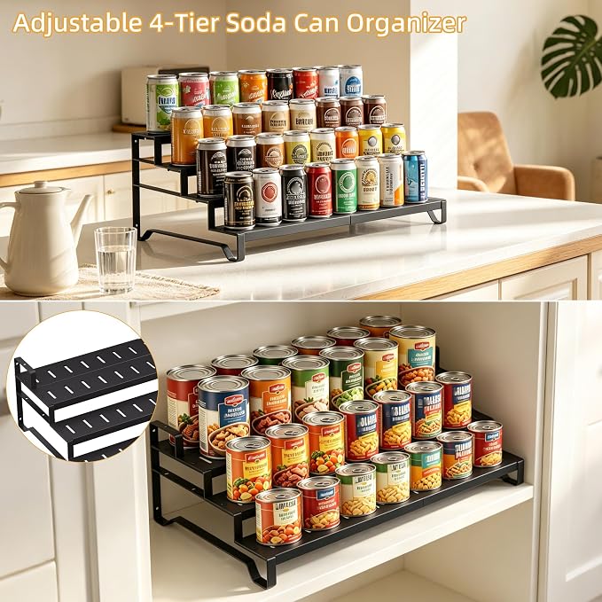 Expandable Can Organizer for Pantry, 4 Tier Metal Canned Food Storage 2Pack | 13"-21" Adjustable Length, Tiered Reversible Shelf Design, Large-Capacity Storage for Kitchen Cabinets & Countertops
