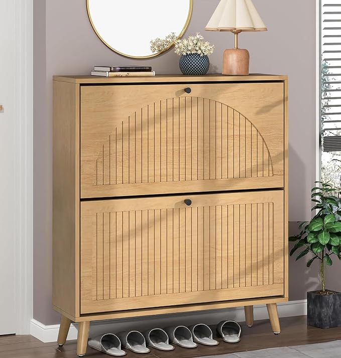 Fsbecl Shoe Storage Cabinet for Entryway with 2 Flip Drawers, Narrow Wood Shoe Cabinet with Fluted Panel, Freestanding Hidden Shoe Organizer for Hallway