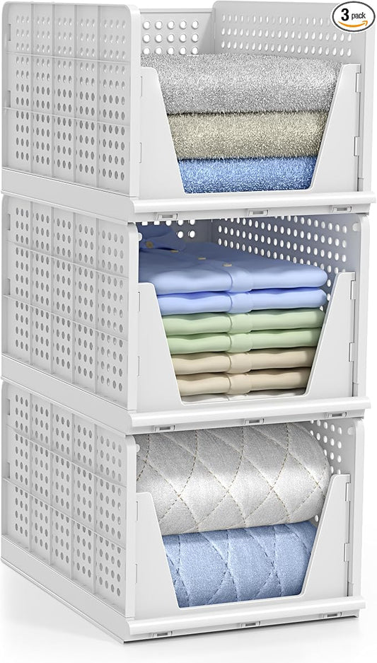 Sorbus 3 Pack Folding Closet Shelf Organizer for Clothes - Versatile Stackable Storage Baskets for Closet, Bathroom, Kitchen and Garage - Easy Access Open Front Design - Plastic Organizer Shelves
