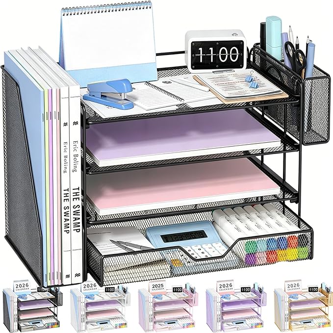 OPNICE Desk Organizer, 4-Tier Desktop File Organizer with Drawer and Pen Holders, Office Desk Accessories, File Sorters, Workspace Organizers for Office Supplies(Black - Metal Pen Holder)