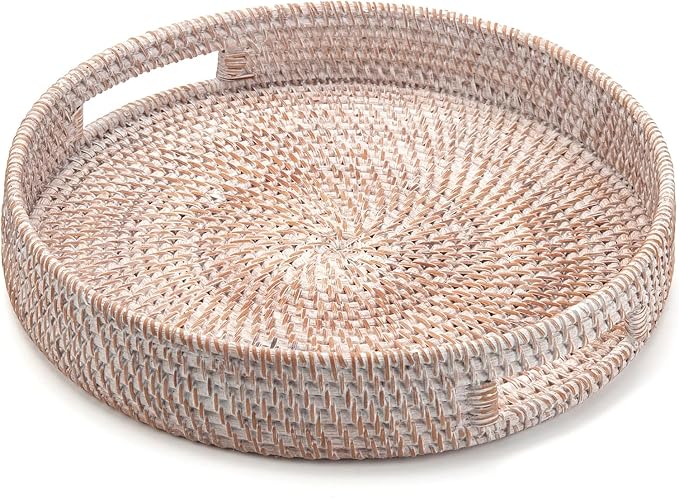 Coffee Table Tray Round Rattan Ottoman Tray Woven Serving Trays with Handles for Home and Kitchen Decorative White (Large 14 inch x 2.4 inch)