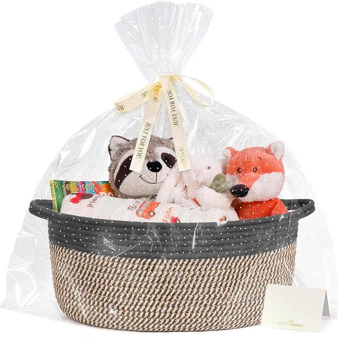 CHICVITA Large Wicker Basket with Bags & Ribbon for Gifts, Black & Jute | 13.6"x 10" x 6" Gift Basket Empty to Fill for Toys Snacks, Rope Baskets for Storage, Cute Basket for Dogs Cats
