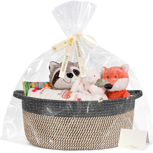 CHICVITA Large Wicker Basket with Bags & Ribbon for Gifts, Black & Jute | 13.6"x 10" x 6" Gift Basket Empty to Fill for Toys Snacks, Rope Baskets for Storage, Cute Basket for Dogs Cats