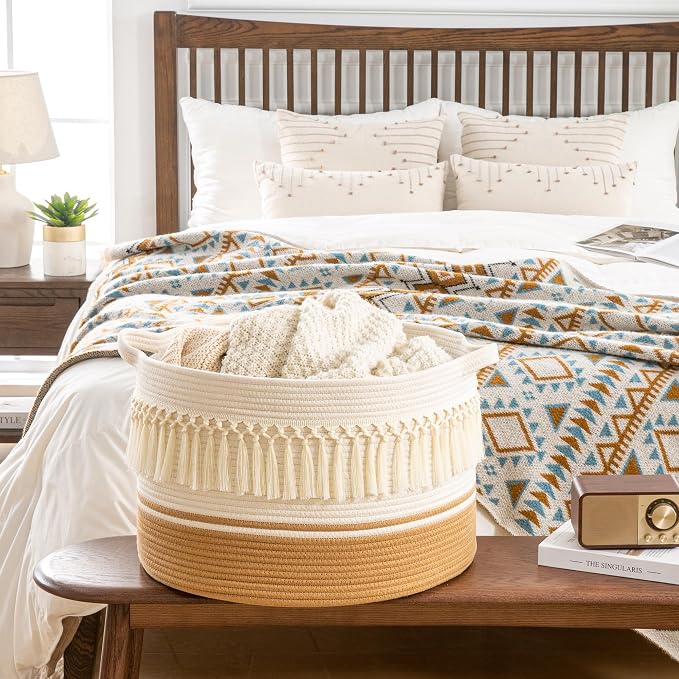 KAKAMAY Large Blanket Basket (20"x13"),Woven Baskets for storage Baby Laundry Hamper, Cotton Rope Blanket Basket for Living Room, Laundry, Nursery, Pillows, Baby Toy chest (White Fringe) | Extra Large Capacity | Natural Cotton Rope | Blanket Storage | ...