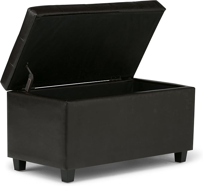 SIMPLIHOME Dover 36" Wide Vegan Leather Storage Ottoman in Distressed Black | Tanners brown, transitional storage ottoman with tufting and lift-up lid; rectangle storage bench for living room.