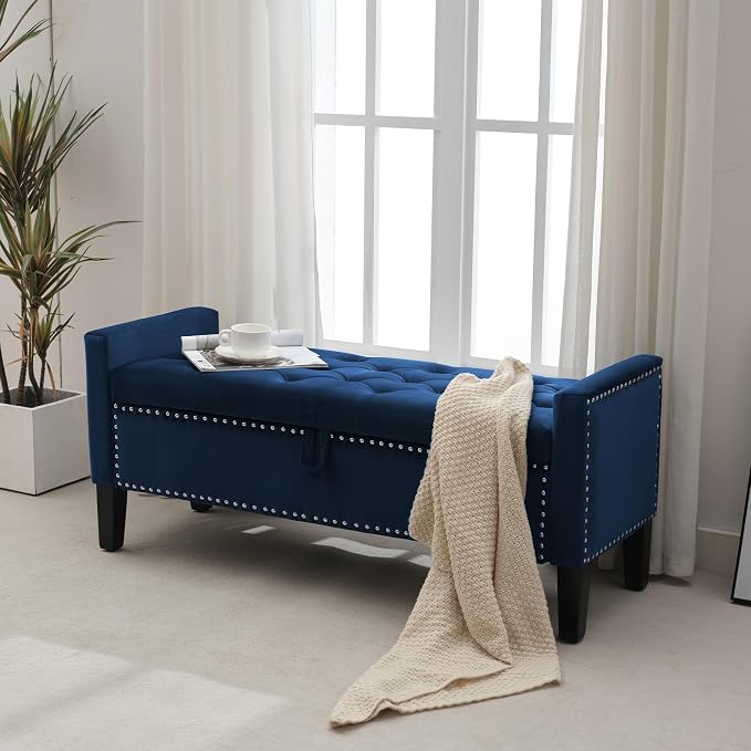 Velvet Storage Ottoman Bench, 46'' Upholstered Button Tufted End of Bed Bench, Modern Entryway Ottoman Bench with Arms, Blue