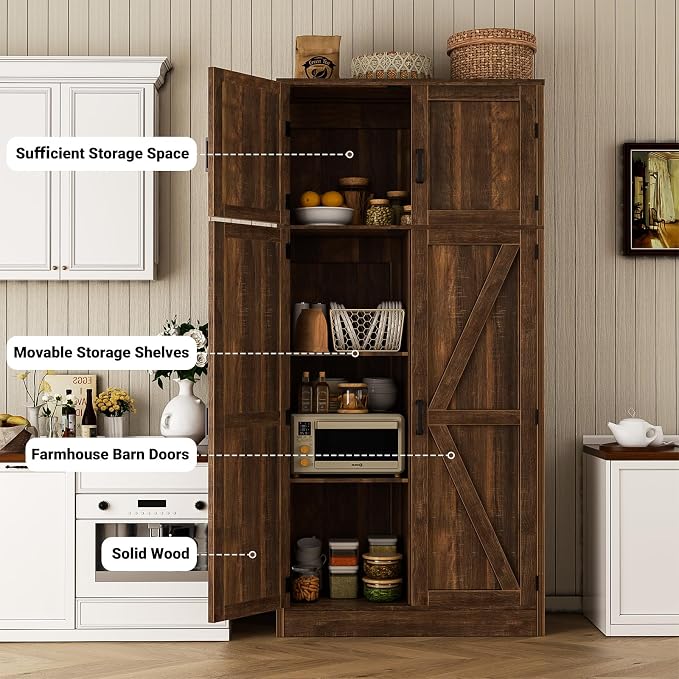 Unikito 71” Tall Kitchen Pantry Storage Cabinet with Adjustable Shelves | Large Farmhouse Storage Cupboard, Barn Doors, Sturdy and Deep, Versatile for Dinning Room, Living Room, Weathered Brown