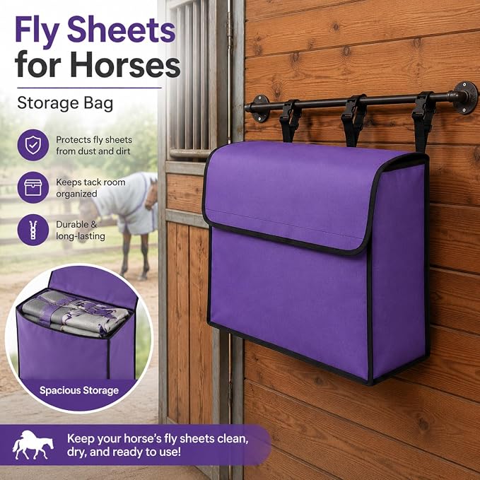 Horse Blanket Storage Bag for Fly Sheets,Purple,23 x 19 x 9 in | 600D Waterproof Oxford Tack Organizer, Heavy Duty Hanging Horse Blanket Holder, Stall Front Storage Bag for Horse Blankets
