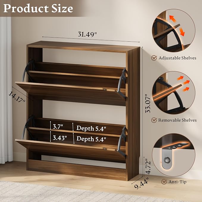 BORNOON Shoe Cabinet with 2 Flip Drawers, Slim Narrow Shoe Storage Cabinet, Freestanding Shoe Organizer with Adjustable & Removable Shelves, Top Display Shelf for Entryway, Hallway, Foyer, Closet