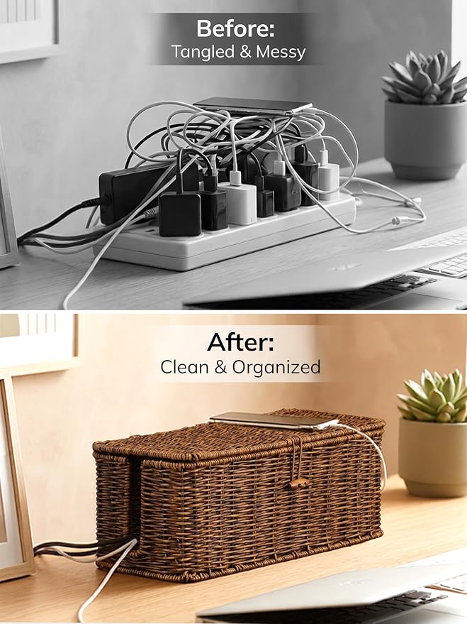 BROWNLILY Rattan Wire Storage Box, Handmade Cord Organizer for Desk Cord Hider Outlet Covers for Power Strip TV PC Router Charger Under Desk Cable Management Box