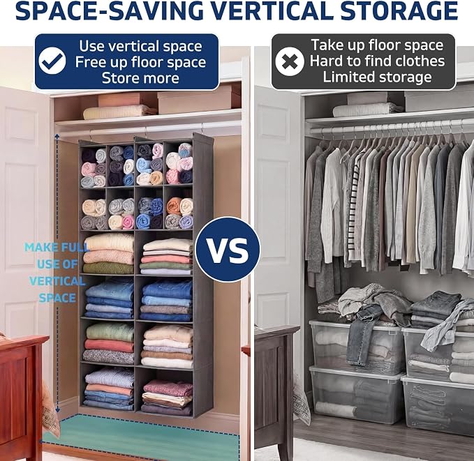 6 Tier Hanging Closet Organizer, 16 Compartments Dual Row Storage, Grey | Closet Organizers and Storage with Large & Small Pockets, 3 Sturdy Hooks Support Heavy Loads, Ideal for Dorm, Garment Rack