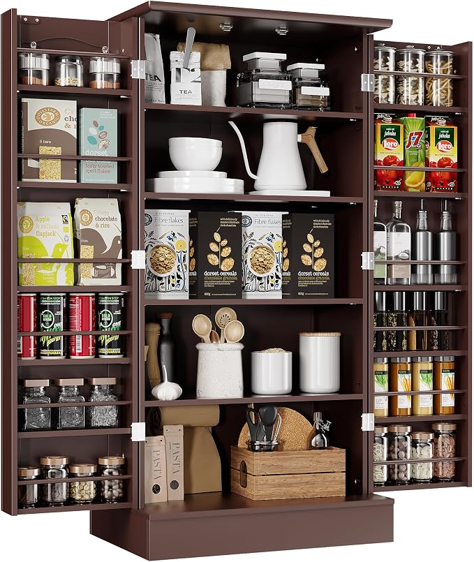 kepptory 47" Freestanding Kitchen Pantry Cabinet with Adjustable Shelves | Magnetic Doors & Anti-Tip Device, Storage Cupboard for Kitchen Laundry Living Room, Walnut