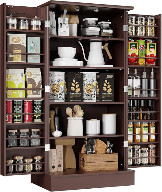 kepptory 47" Freestanding Kitchen Pantry Cabinet with Adjustable Shelves | Magnetic Doors & Anti-Tip Device, Storage Cupboard for Kitchen Laundry Living Room, Walnut
