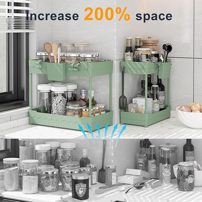 Sevenblue 2-Pack Under Sink Organizer with Hooks & Hanging Cup for Kitchen | Multi-use kitchen & bathroom storage, 14.8 inch green cabinet organizer, with hooks and hanging cup for easy access.